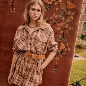 Sezane Delfina Wool Plaid Shirt Dress with Belt